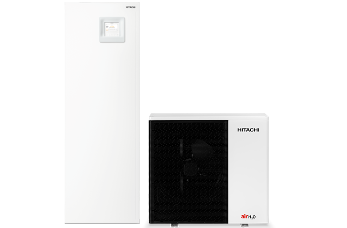 Pompe à chaleur Hitachi airH2O 600 S Combi — colonne ECS 220L et unité extérieure